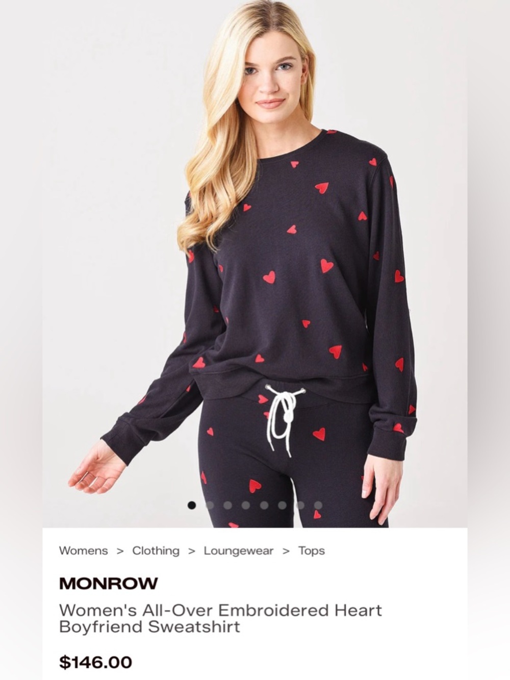 MONROW ALL OVER EMBROIDERED HEART PRINT BOYFRIEND SWEATSHIRT $146 USD. SOLD OUT